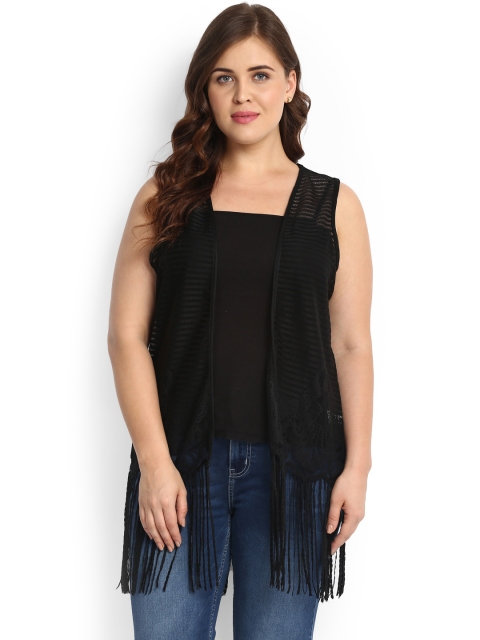 

aLL Plus Size Black Self Design Open Front Shrug