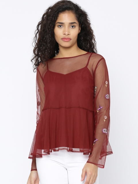 

Besiva Women Maroon Solid Sheer Top