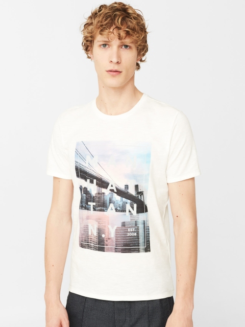 

MANGO MAN Men White Printed Henley Neck T-shirt
