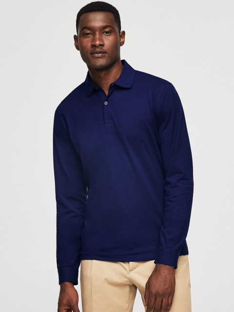 

MANGO MAN Men Blue Solid Slim Fit Polo Collar T-shirt
