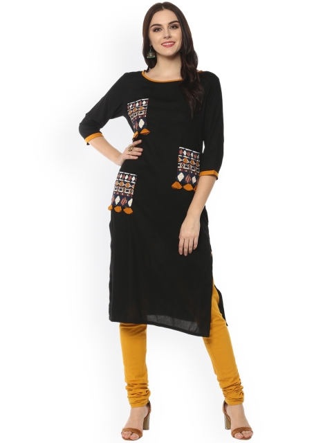 

Pannkh Women Black Solid Straight Kurta