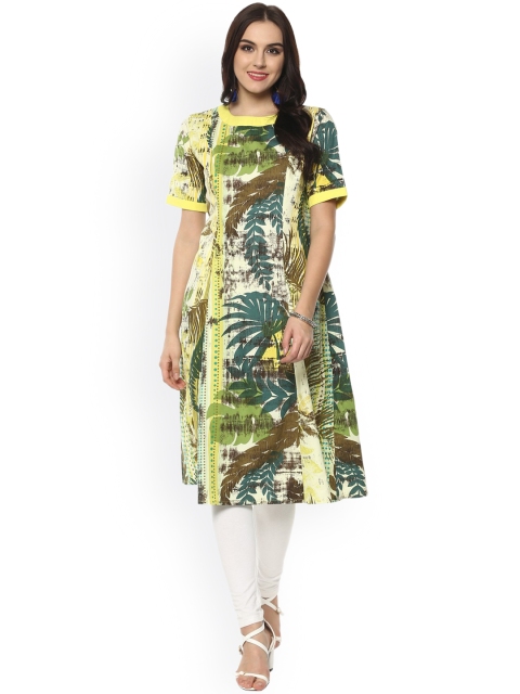 

Pannkh Women Yellow & Multicoloured Tropical Print A-Line Kurta