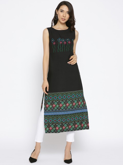 

Pannkh Women Black Embroidered Straight Kurta