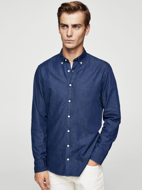 

MANGO MAN Men Navy Blue Chambray Slim Fit Solid Casual Shirt