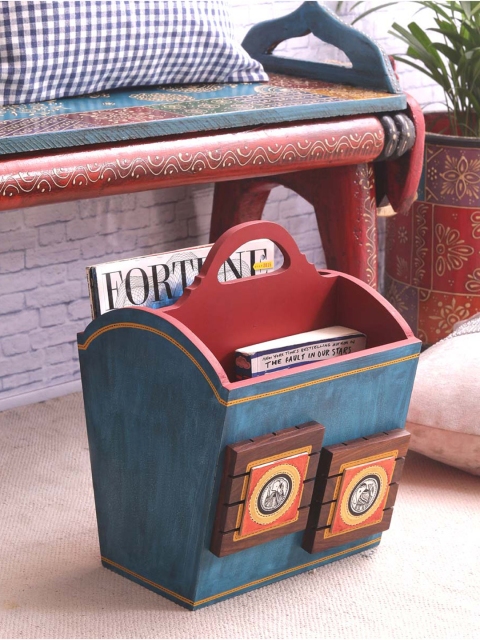 

VarEesha Blue & Red Hand Painted Engineered Wood Partitioned Magazine Holder