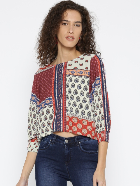

Madame Women Off-White & Navy Printed Crop Top
