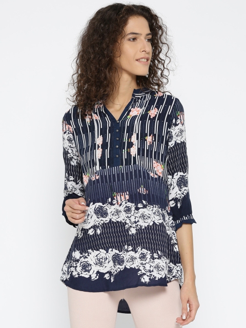 

Madame Women Navy Blue Printed Shirt Style Top