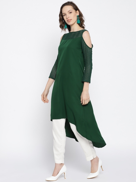 

Ojjasvi Women Green Solid Cold Shoulder High-Low A-Line Kurta