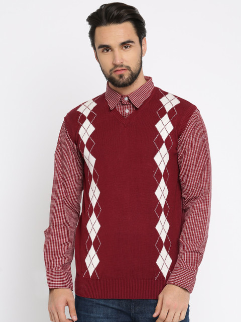 

John Miller Men Maroon Self Design Pullover