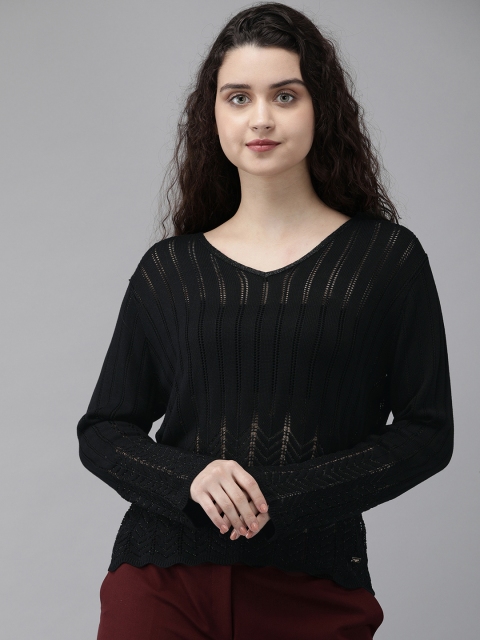 

Park Avenue Women Black Self Design Semi-Sheer Pullover Sweater