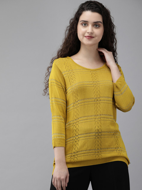 

Park Avenue Women Mustard Yellow Self-Striped Pullover Sweater