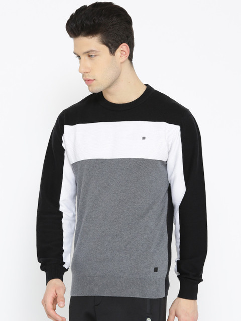

Solly Sport Men Grey Melange & Black Colourblocked Sweater