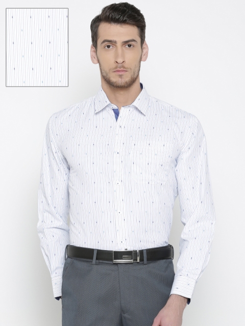 

John Miller Men White & Blue Tailored Fit Striped Formal Shirt