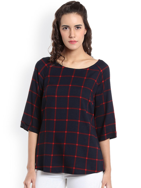 

Vero Moda Women Navy & Red Checked Top, Navy blue
