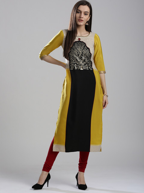 

Wishful by W Women Yellow & Black Printed Straight Kurta
