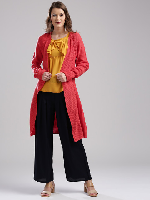 

W Women Coral Orange Self-Design Longline Cardigan