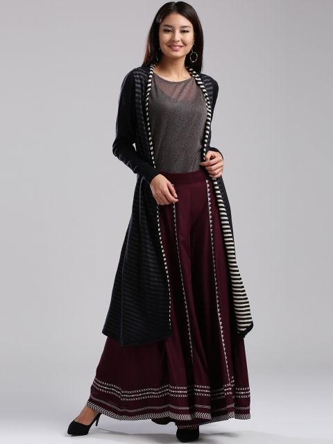 

W Women Navy & Beige Striped Longline Front-Open Cardigan, Navy blue