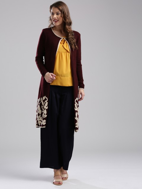 

W Women Burgundy Applique Longline Cardigan