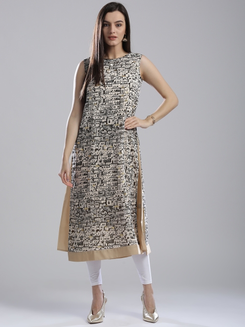 

Wishful by W Women Off-White & Black Printed Layered A-Line Kurta
