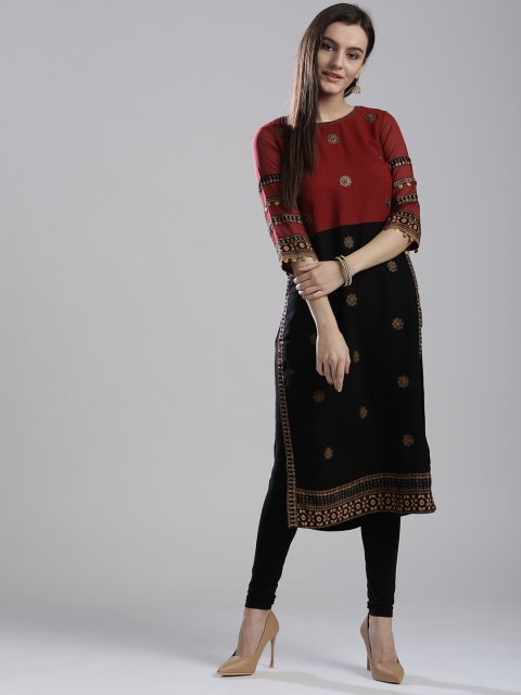 

Wishful by W Women Maroon & Black Embellished Straight Kurta