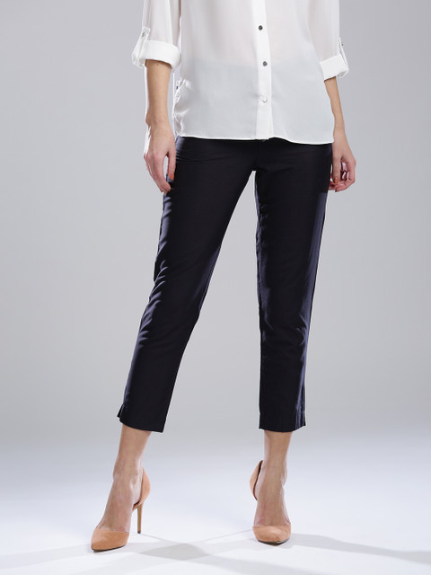 

Wishful by W Women Navy Blue Regular Fit Solid Cropped Trousers