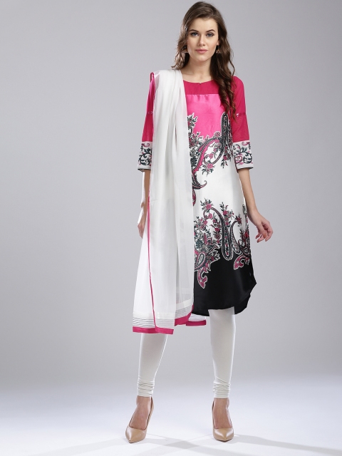 

Wishful by W Women Pink & Off-White Printed Kurta with Churidar & Dupatta