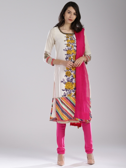 

Wishful by W Women Off-White & Pink Printed Kurta with Churidar & Dupatta