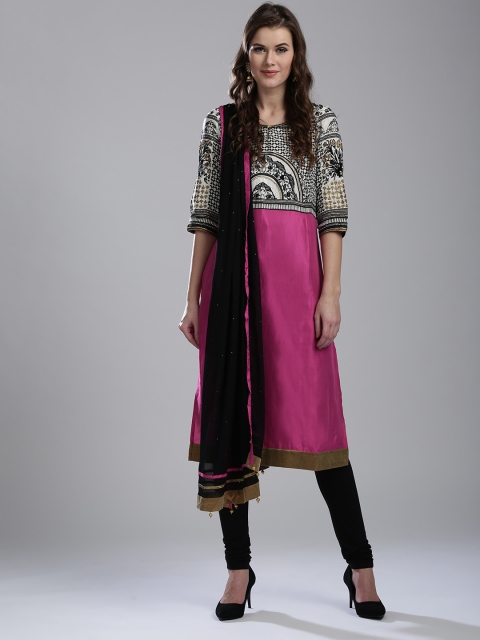 

Wishful by W Women Pink & Black Printed Kurta with Churidar & Dupatta