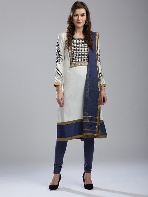 

Wishful by W Women Off-White & Blue Printed Kurta with Churidar & Dupatta