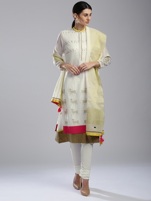 

Wishful by W Women White Embroidered Kurta with Churidar & Dupatta