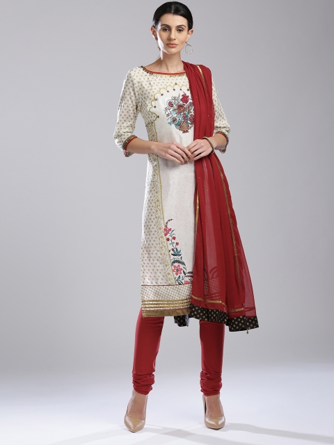 

Wishful by W Women Off-White & Maroon Printed Kurta with Churidar & Dupatta