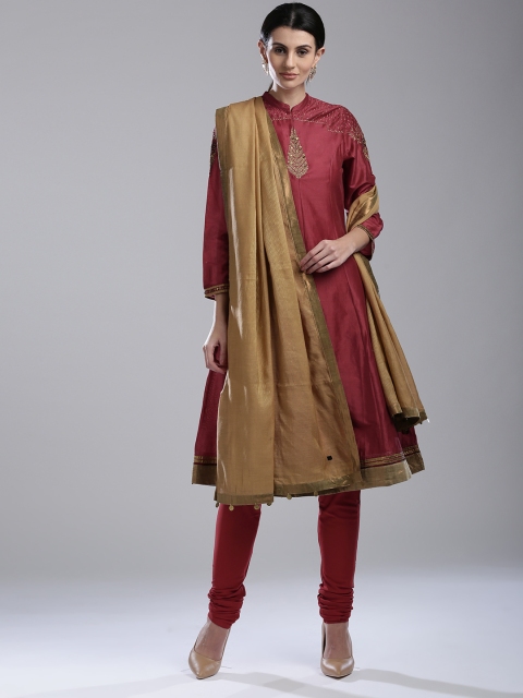 

Wishful by W Women Maroon Solid Kurta with Churidar & Dupatta