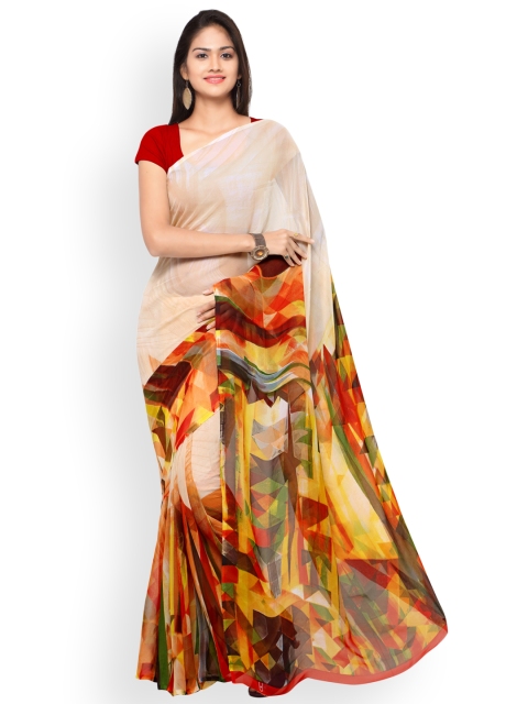

Ligalz Off-White & Red Poly Georgette Printed Saree