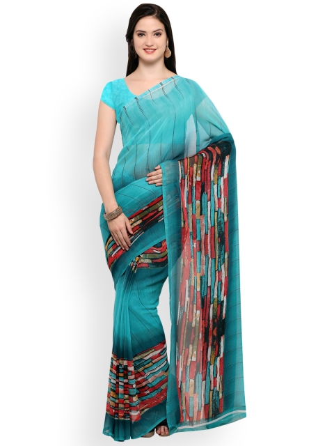 

Ligalz Turquoise Blue Printed Poly Georgette Saree