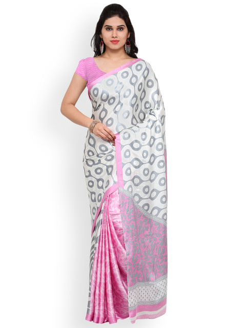 

Ligalz White & Pink Poly Crepe Printed Saree
