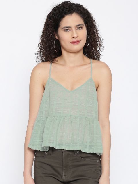 

Aeropostale Women Green Self-Checked A-Line Top