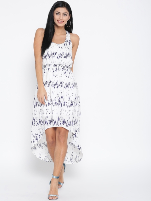 

Aeropostale Women White & Navy Printed High-Low Fit and Flare Dress