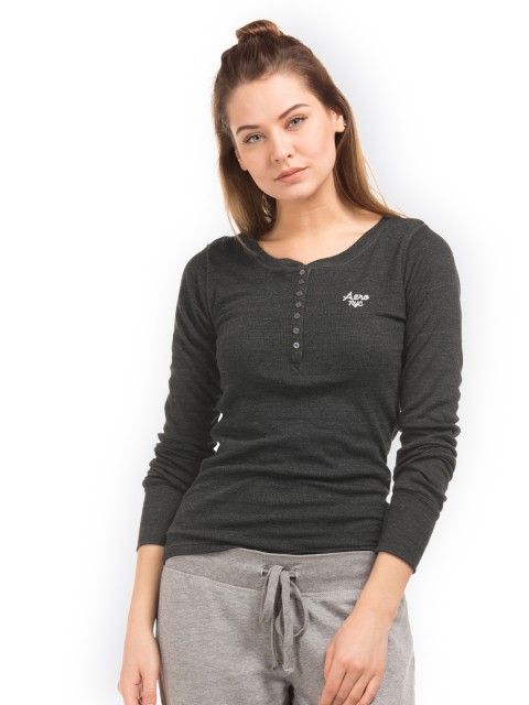 

Aeropostale Women Grey Solid Henley Neck T-shirt