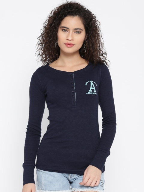 

Aeropostale Women Navy Solid Henley Neck T-shirt, Navy blue