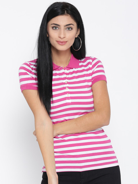 

Aeropostale Women Pink & White Striped Polo Collar T-shirt