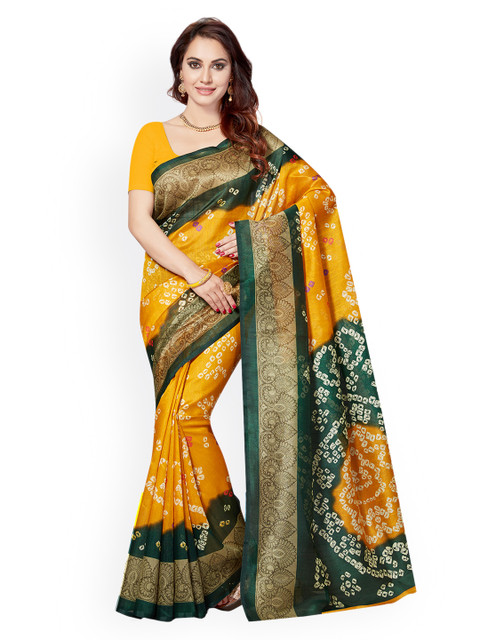 

Ishin Yellow Art Silk Bandhani Print Bhagalpuri Saree