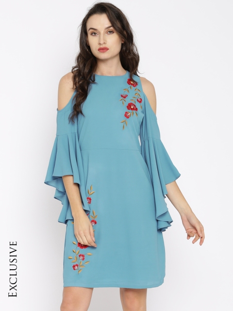 

RARE Women Blue Cold Shoulder Self Design A-Line Dress