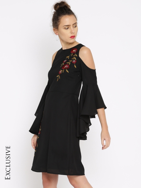 

RARE Women Black Cold Shoulder Solid A-Line Dress