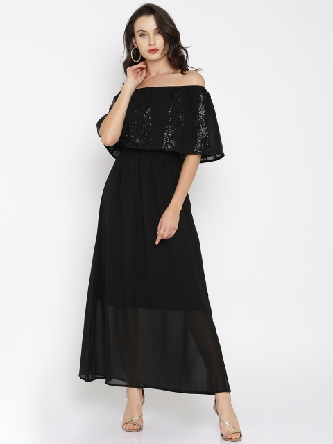 

RARE Women Black Solid Maxi Off-Shoulder Dress with Sequinned Detail