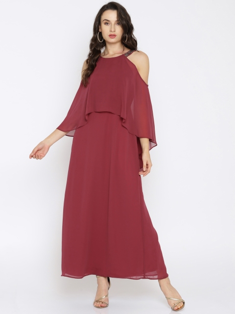 

RARE Women Burgundy Solid Maxi Dress with Embellished Neck