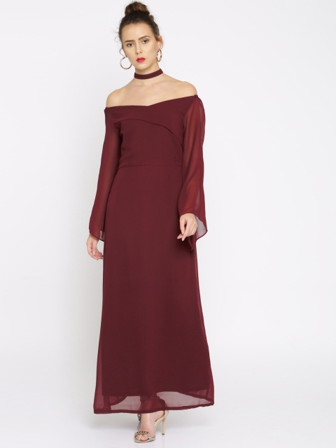 

RARE Women Maroon Solid Embellished Bardot Maxi Dress