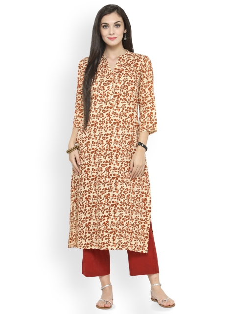 

Varanga Women Cream-Coloured & Rust Printed Straight Kurta