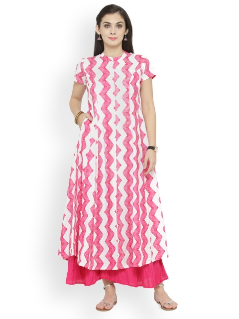 

Varanga Women White & Pink Printed A-Line Kurta