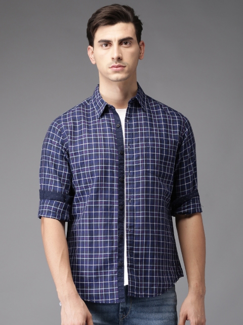 

Moda Rapido Men Navy Regular Fit Checked Casual Shirt, Navy blue