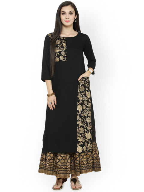 

Varanga Women Black & Gold-Toned Printed Kurta with Skirt
